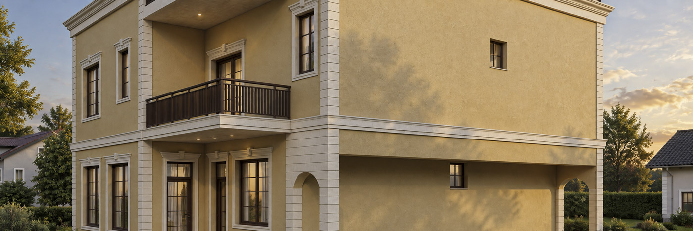 Casă cu brâu decorativ exterior continuu între niveluri