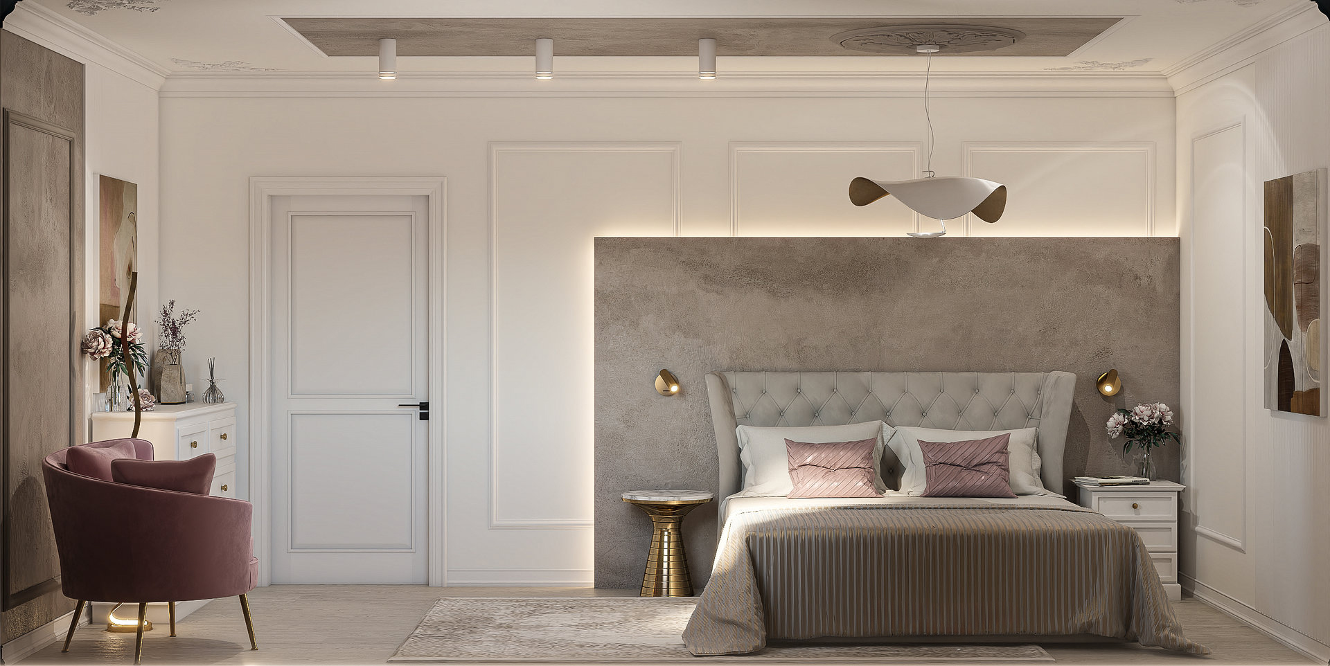 Dormitor elegant cu profile decorative pe peretele din spatele patului