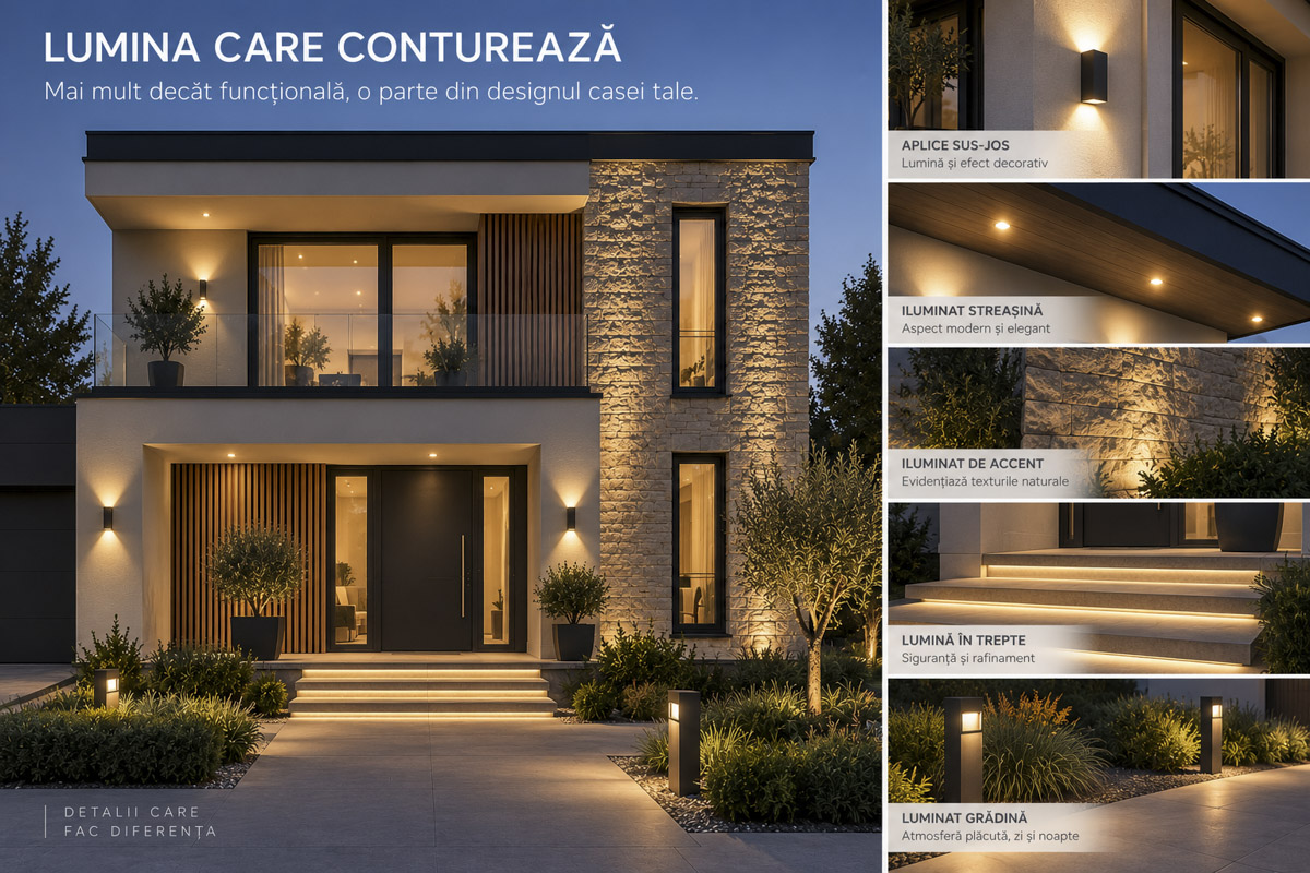 Iluminat exterior pentru fațada casei cu aplice, trepte și iluminat de accent
