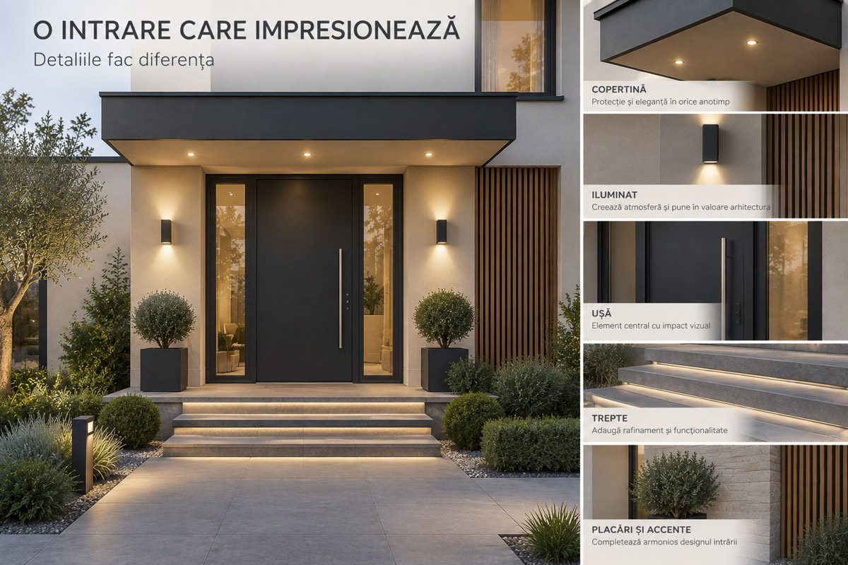 Intrare principală modernă cu copertină, iluminat, trepte și placări decorative