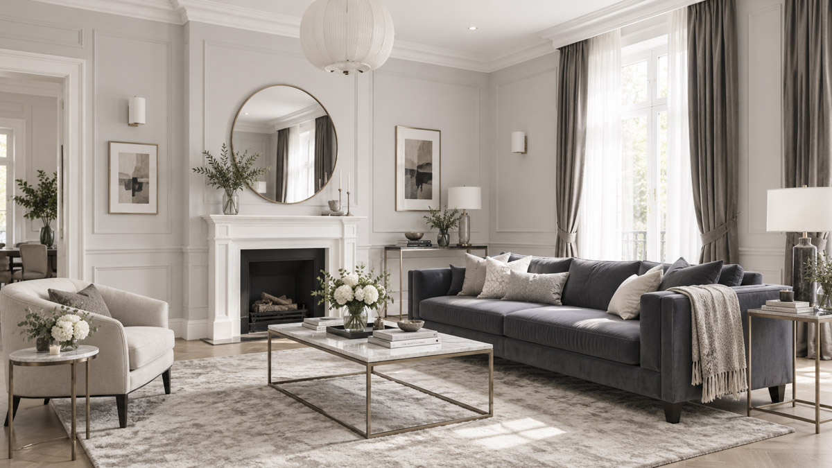Living elegant cu profile decorative pe pereți în zona canapelei