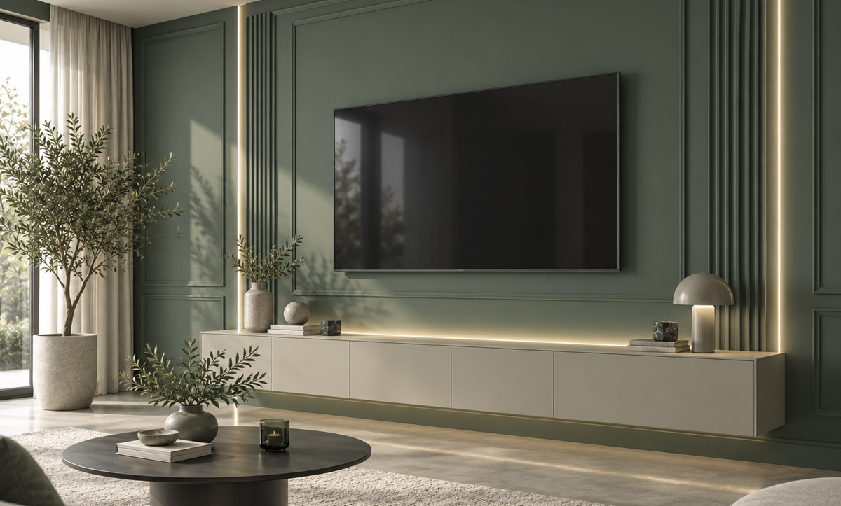 Living modern cu profile decorative și perete TV