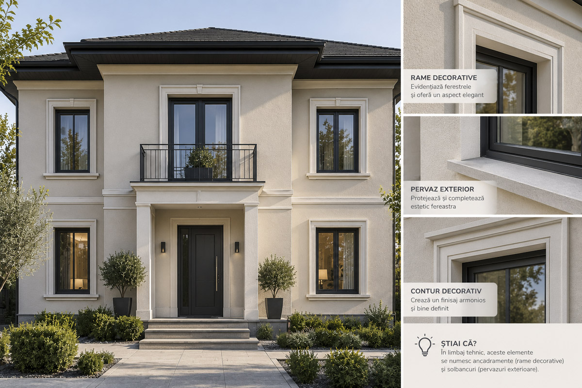 Ferestre cu rame decorative și solbanc exterior integrate în fațada casei