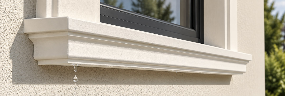 Detaliu de solbanc decorativ exterior cu picurător