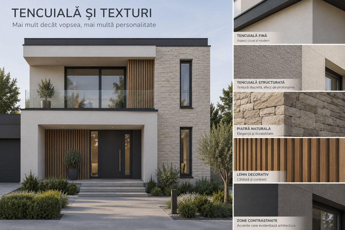 Idei de tencuială și texturi pentru fațada casei cu piatră, lemn și zone contrastante