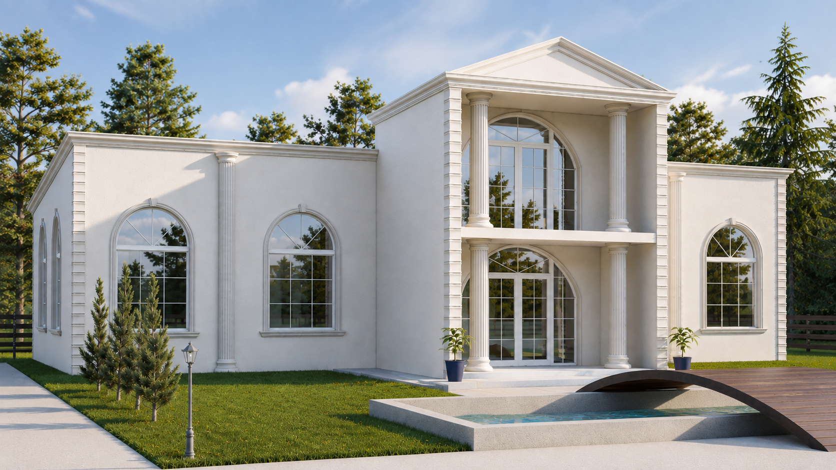 Vizualizare 3D fațadă clasică cu profile decorative